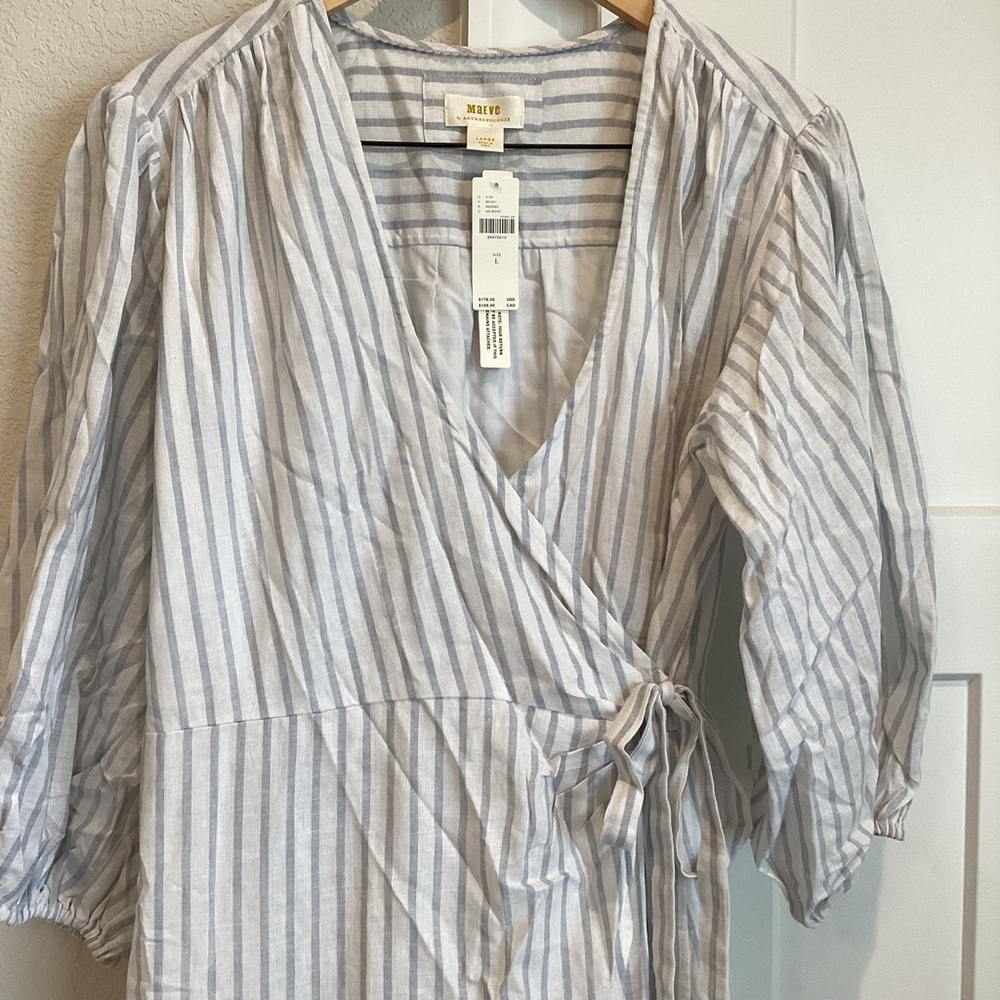 Anthropologie Maeve Tiered Linen Asymmetrical Wrap Dress NEW Large Grey Stripe - Picture 6 of 15